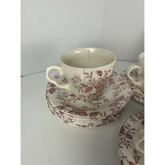 Red / Pink Transferware Cup and Saucer EIT England Roses Floral 15 Pieces - Picture 4 of 8